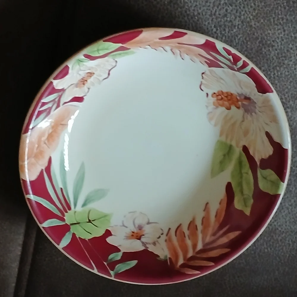 Home Trends Hibiscus And Bamboo Pasta Bowl Burgundy, Cream And Green